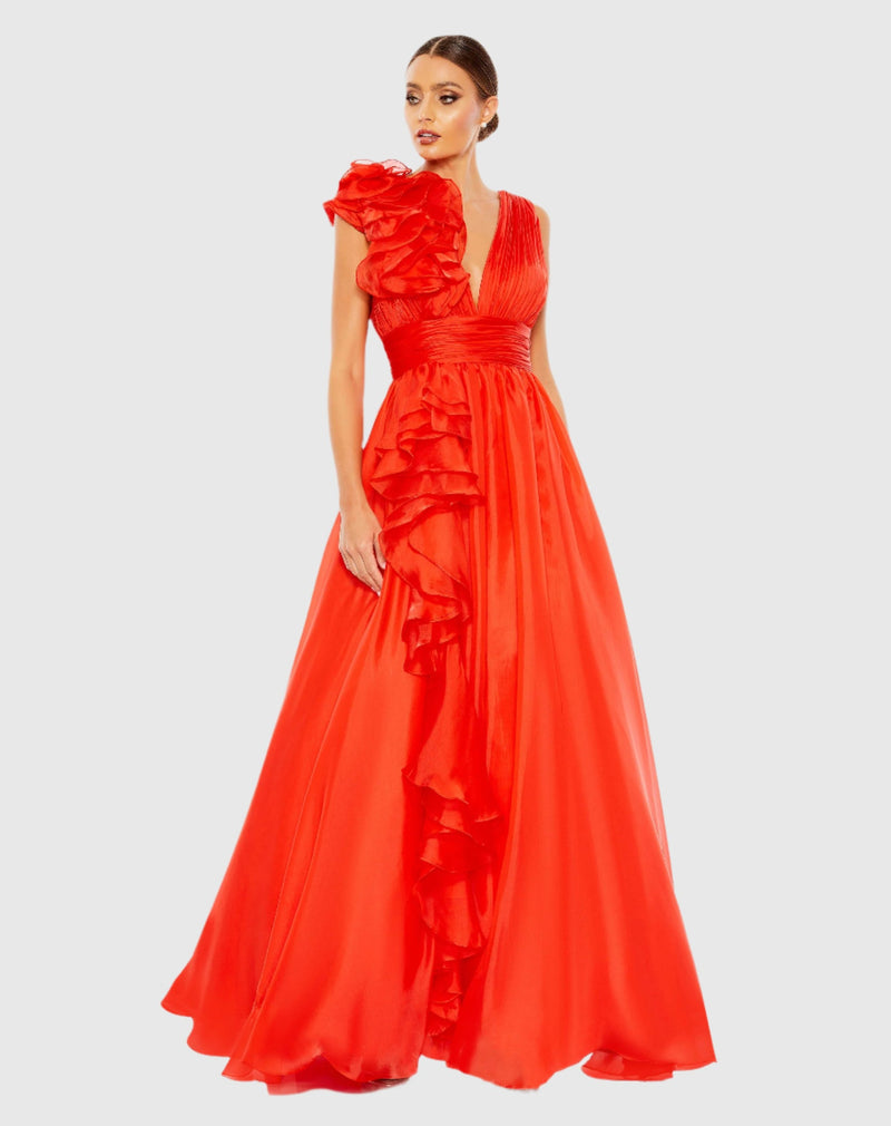 Mac Duggal, Shoulder Detail Ruffle A Line Gown - Red #48856