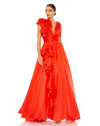 mac duggal, RUFFLE SHOULDER V-NECK CHIFFON GOWN, Style #48856, cherry red