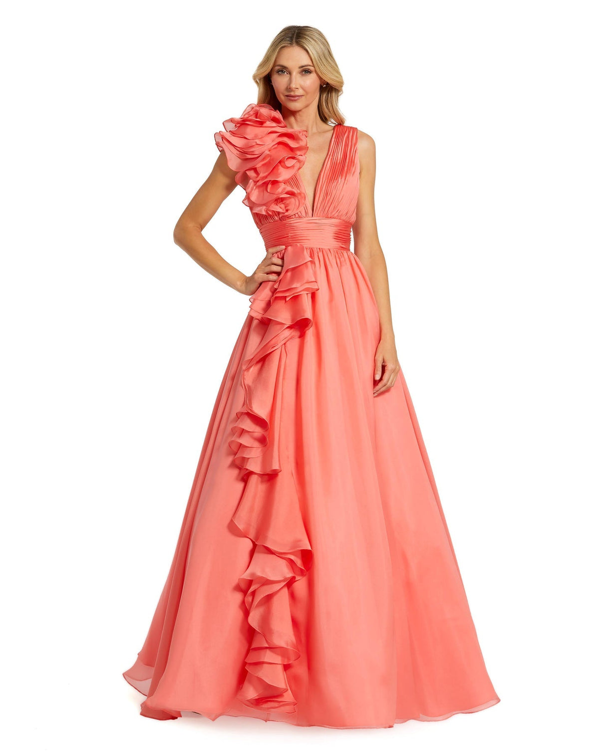 mac duggal, RUFFLE SHOULDER V-NECK CHIFFON GOWN, Style #48856, coral close up