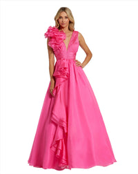 Shoulder Detail Ruffle A Line Gown - Hot Pink