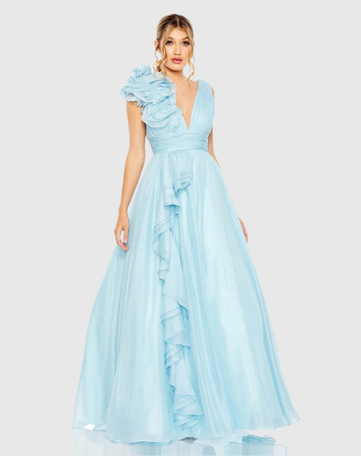 Mac Duggal #48856 Shoulder Detail Ruffle A Line Gown - Powder Blue