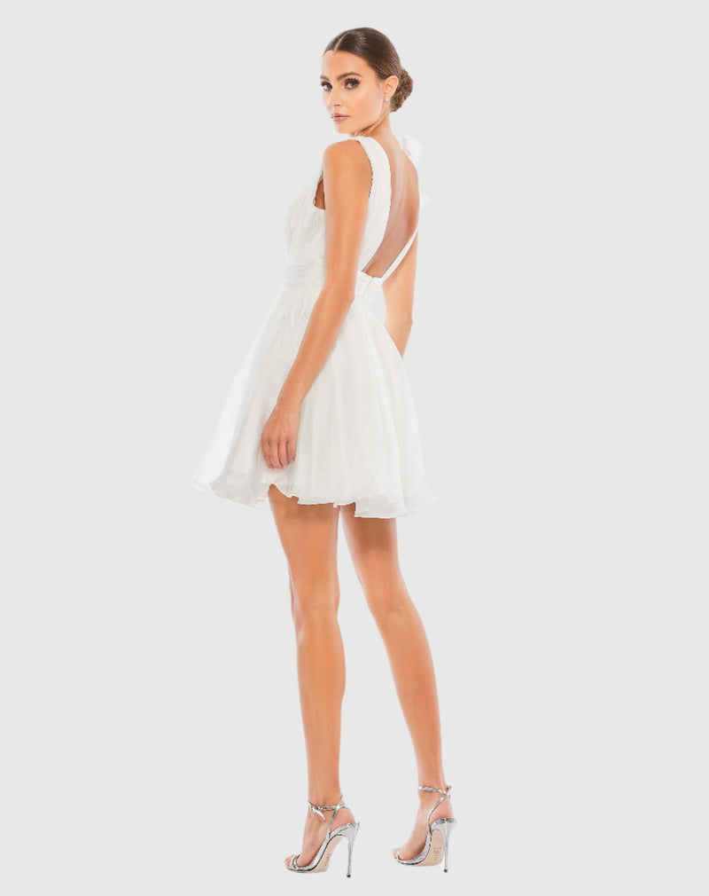 Ruffle shoulder empire waist mini dress - White