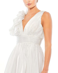 Ruffle shoulder empire waist mini dress - White