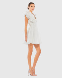 Ruffle shoulder empire waist mini dress - White