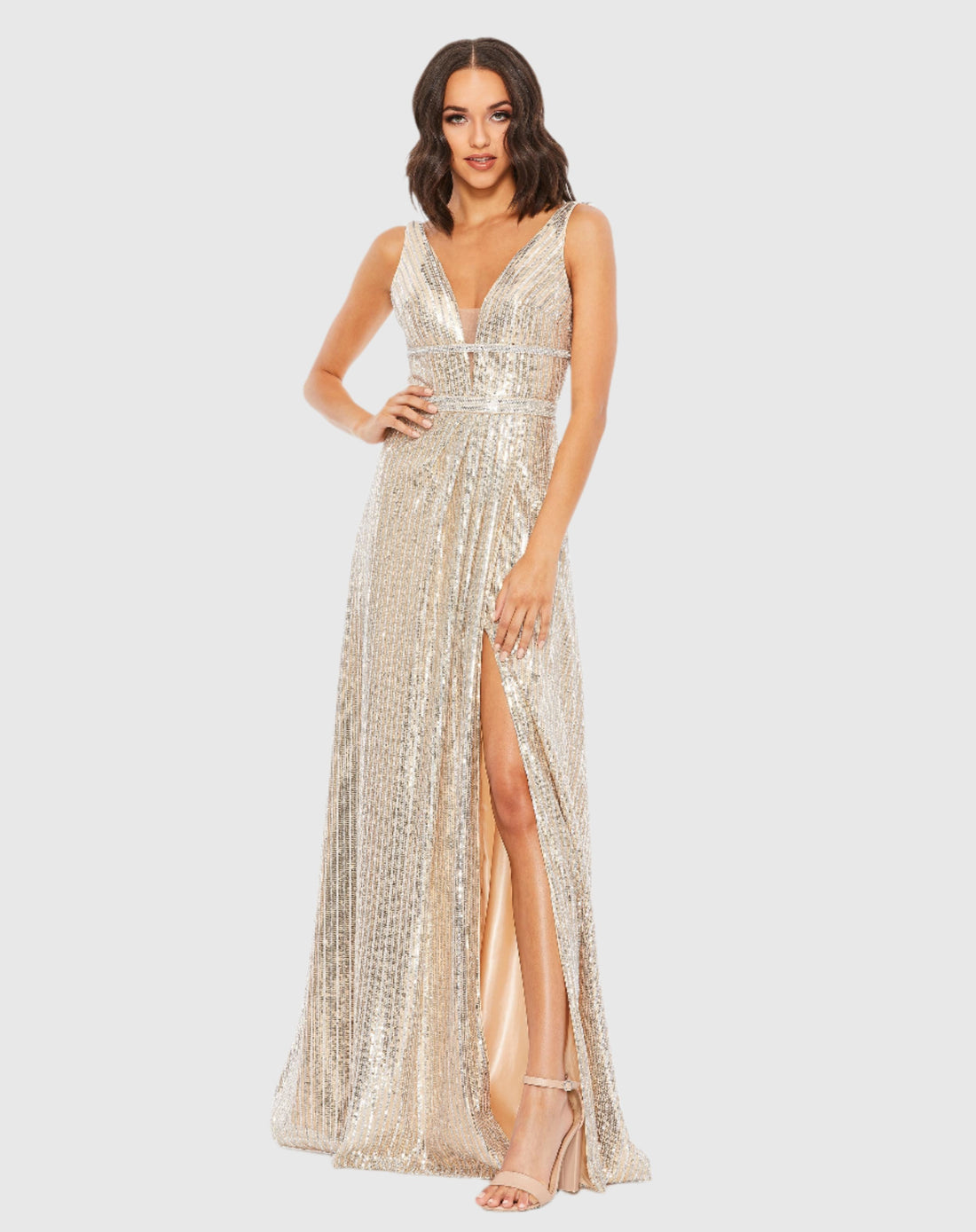 Mac Duggal #49012 Metallic Sequin Plunge Dress - Nude Silver