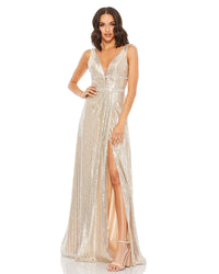 Mac Duggal #49012 Metallic Sequin Plunge Dress - Nude Silver