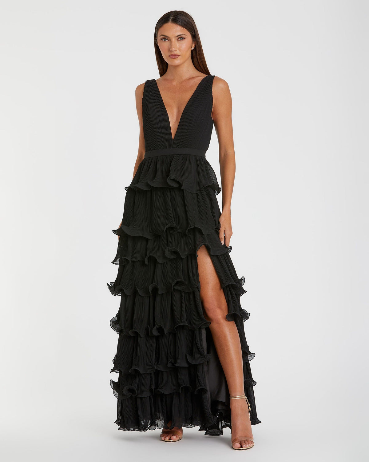 Mac Duggal #49054, Sleeveless V Neck Ruffle Tiered V Neck Gown - Black