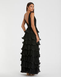 Sleeveless V Neck Ruffle Tiered V Neck Gown - Black