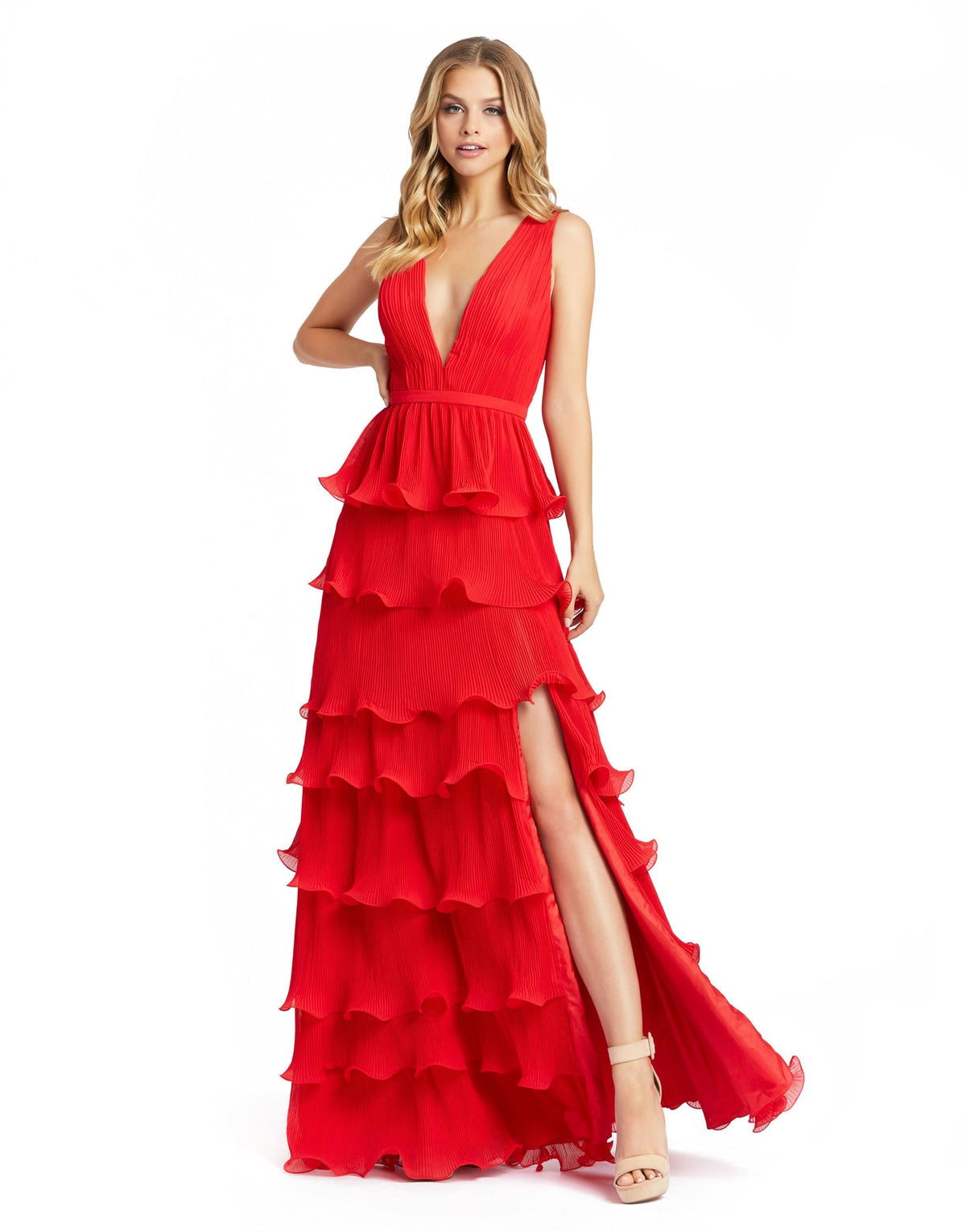 Mac Duggal #49054, Sleeveless V Neck Ruffle Tiered V Neck Gown - Red