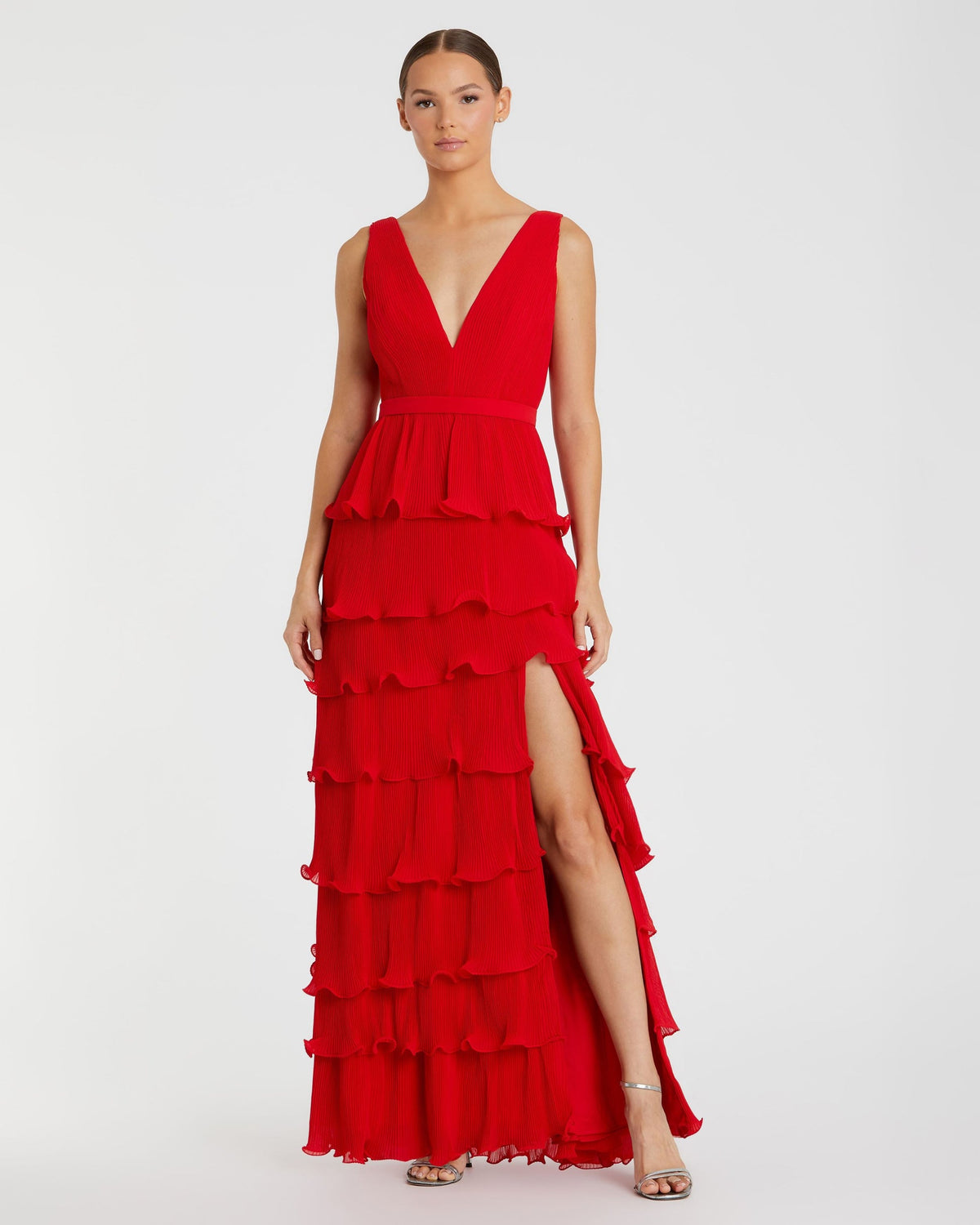 Mac Duggal #49054, Sleeveless V Neck Ruffle Tiered V Neck Gown - Red