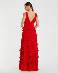 Sleeveless V Neck Ruffle Tiered V Neck Gown - Red