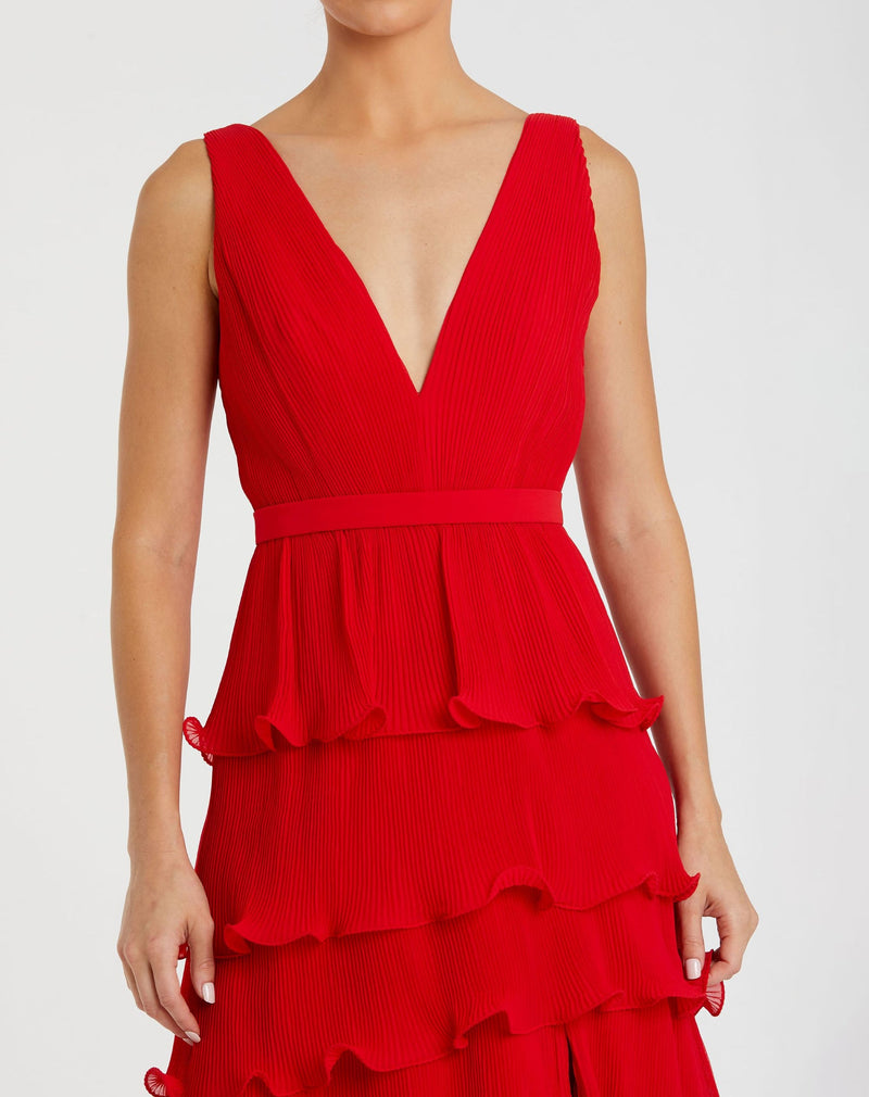 Sleeveless V Neck Ruffle Tiered V Neck Gown - Red