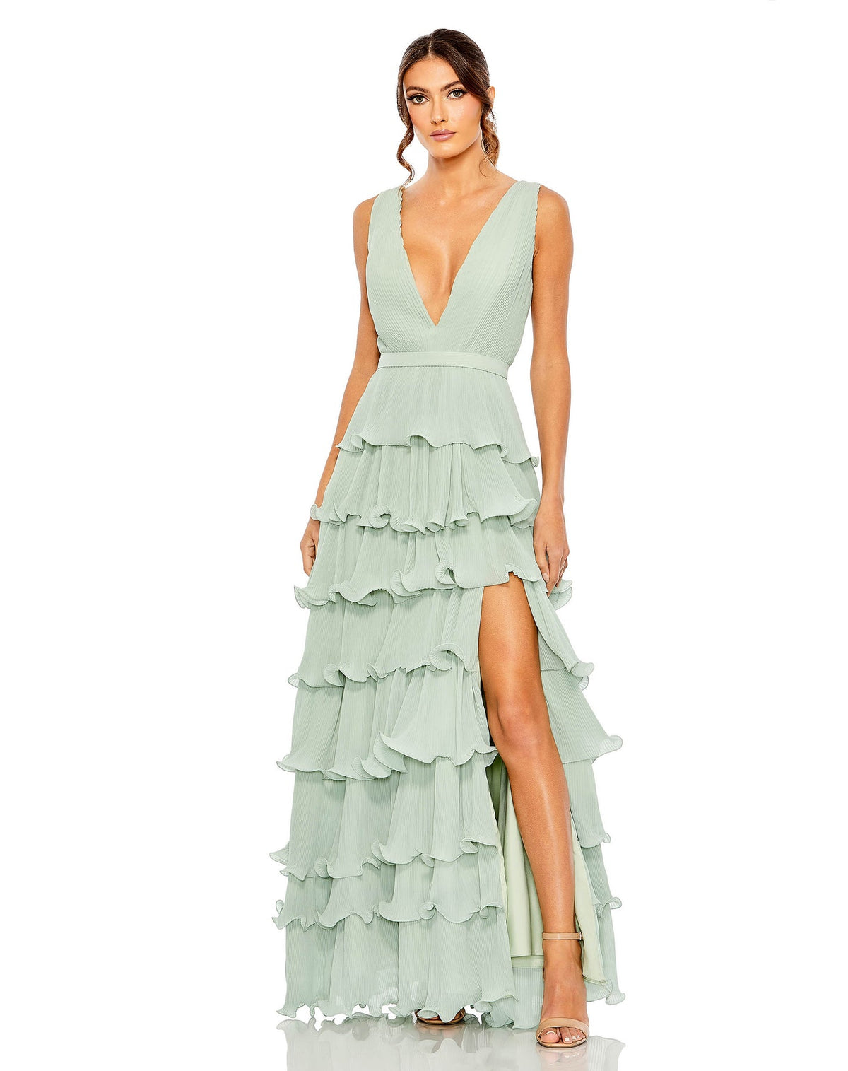 Mac Duggal #49054, Sleeveless V Neck Ruffle Tiered V Neck Gown - Sage