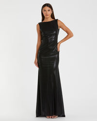 Mac Duggal, Black Metallic Jersey Cowl Back Column Gown #49087