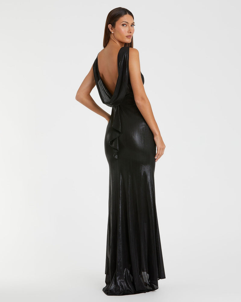 Metallic cowl back column gown - Black