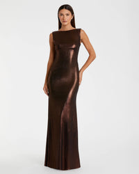 Mac Duggal, Metallic cowl back column gown, Espresso Brown #49087