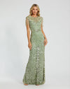 Mac Duggal, High Neck Sleeveless Beaded Fringe Fitted Gown, Sage #4908 sage