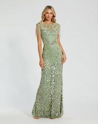 Mac Duggal, High Neck Sleeveless Beaded Fringe Fitted Gown, Sage #4908 sage