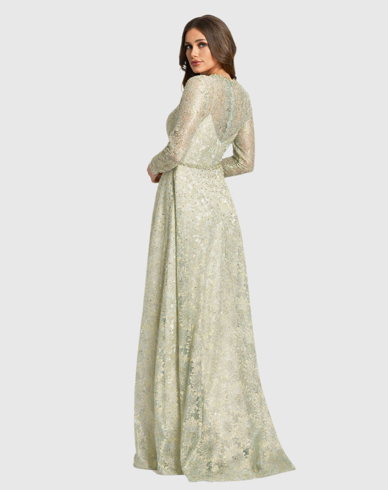 Long sleeve lace modest gown - Sage