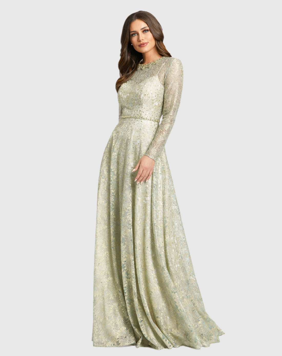 Mac Duggal, Embroidered lace long sleeve modest gown - Sage Green  #491881