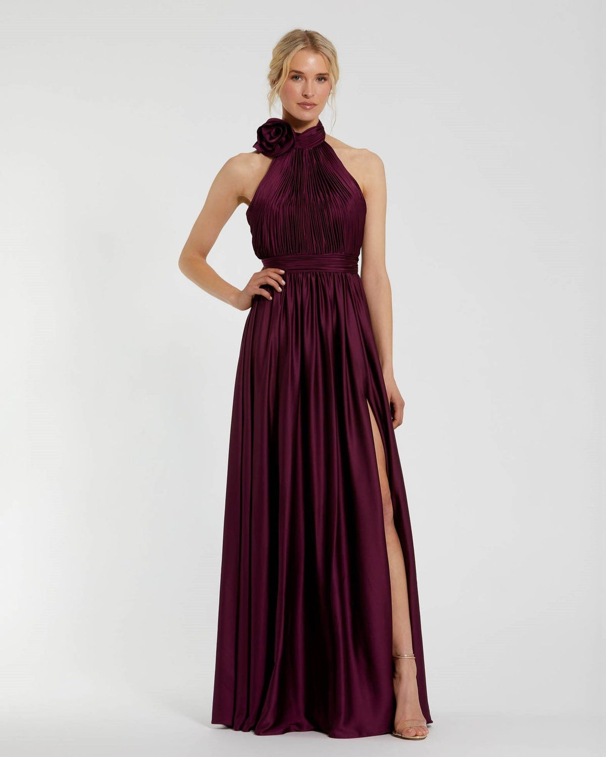 Mac Duggal, Purple Soft Tie Halter Neck High Slit Gown #49333 Eggplant | ShaideBoutique.com 