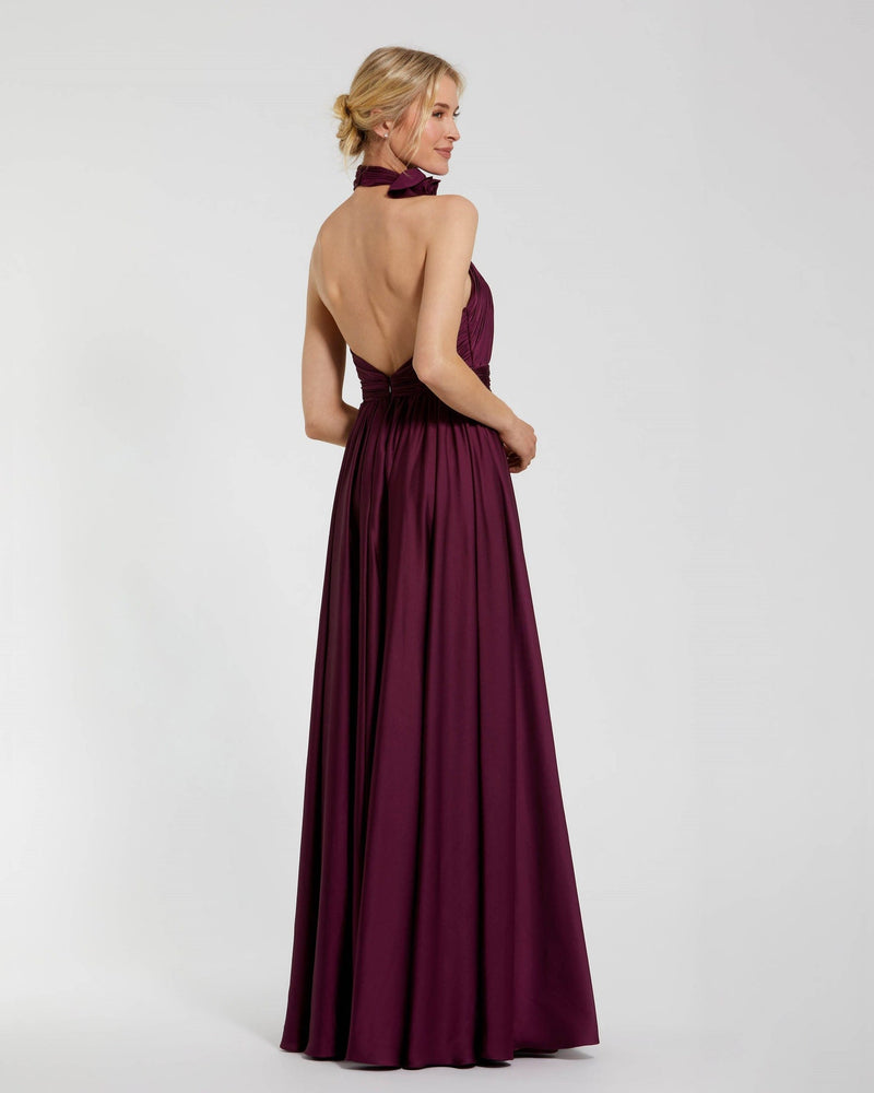 Purple Soft Tie Halter Neck High Slit Gown - Eggplant