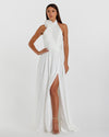 Mac Duggal, White Soft Tie Halter Neck High Slit Gown #49333