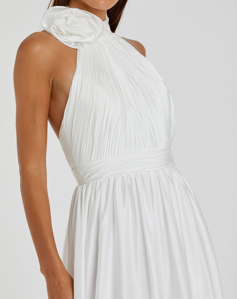 Rosette halter chiffon evening gown - White