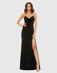 Cowl neck halter crystal strap low back gown - Black