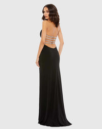 Cowl neck halter crystal strap low back gown - Black