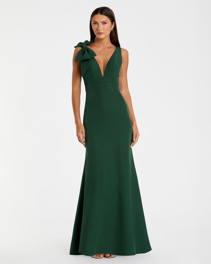 Mac Duggal Bridesmaids Dress Sleeveless V Neck Bow Detail Mermaid Gown #49454 Emerald Green | 10% Off Your First Order | Shaide - Shop Women's Evening Dresses Online