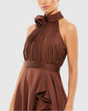 Brown Halter Neck Flower Detail Ruffled Midi Dress - Brown