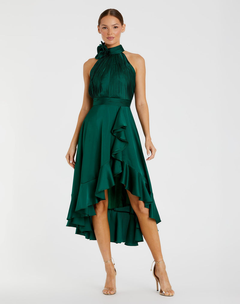 Mac Duggal, Midi Bridesmaids Dress Brown Halter Neck Flower Detail Ruffled Midi Dress #49488 Emerald Green