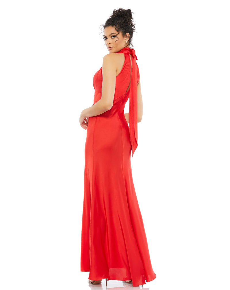 mac duggal Keyhole Halter Empire Waist Gown - White, engagement party dress, Style # 49520 red back view