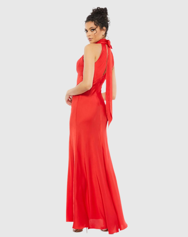 Keyhole Halter Empire Waist Gown - Red