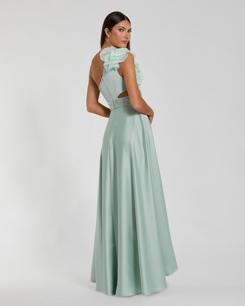 Asymmetric Ruffled One Shoulder Gown - Sage