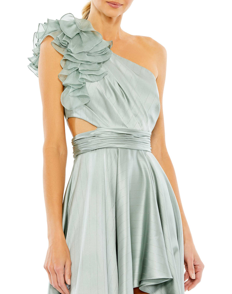 Asymmetric Ruffled One Shoulder Gown - Oyster