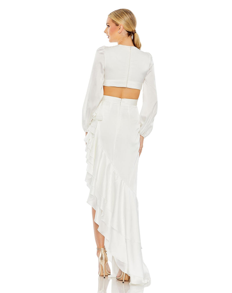 Cut out asymmetric ruffle gown - White