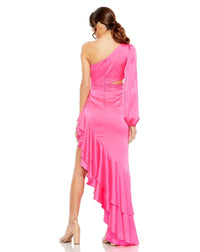 Mac Duggal Style #49531 One sleeve cut out asymmetrical ruffle gown - hot pink back view