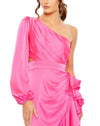 Mac Duggal Style #49531 One sleeve cut out asymmetrical ruffle gown - hot pink  close up