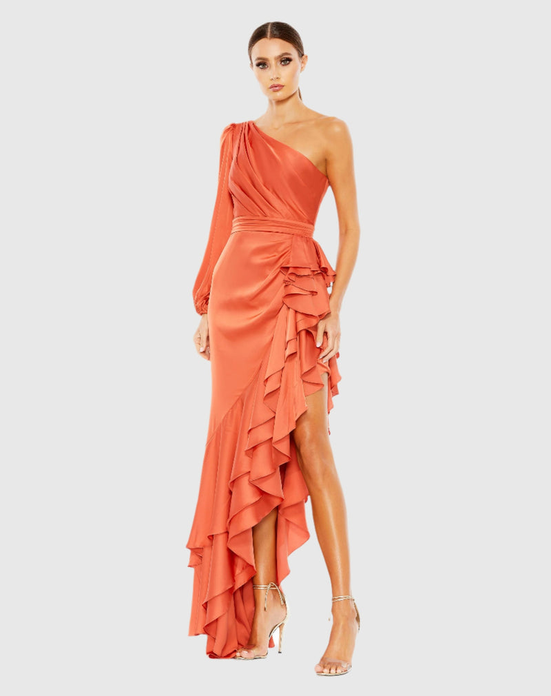 Mac Duggal, One sleeve cut out asymmetrical ruffle gown - Orange #49531