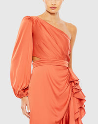 One sleeve cut out asymmetrical ruffle gown - Orange