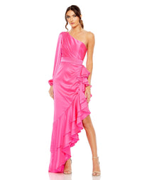 Mac Duggal Style #49531 One sleeve cut out asymmetrical ruffle gown - hot pink 