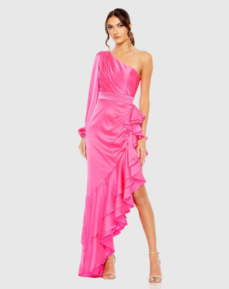 Mac Duggal, One sleeve cut out asymmetrical ruffle gown - Hot Pink #49531