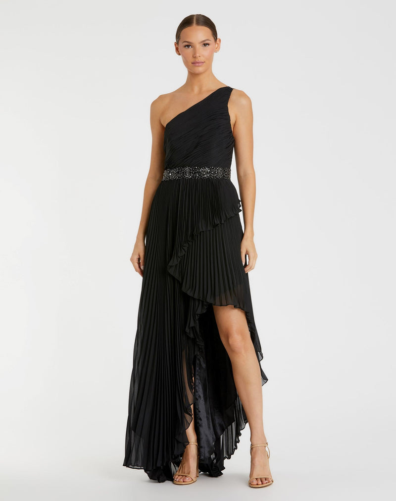 Mac Duggal Pleated One Shoulder Asymmetrical Ruffle Hem Gown #49532 Black