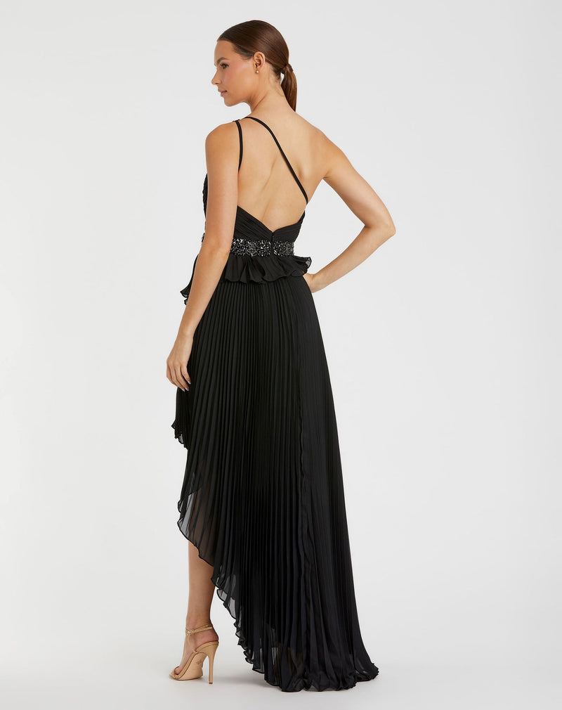 Black Pleated One Shoulder Asymmetrical Ruffle Hem Gown - Black