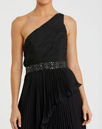 Black Pleated One Shoulder Asymmetrical Ruffle Hem Gown - Black