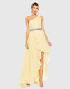 Mac Duggal Pleated One Shoulder Asymmetrical Ruffle Hem Gown #49532 Yellow 