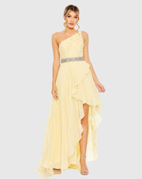 Mac Duggal Pleated One Shoulder Asymmetrical Ruffle Hem Gown #49532 Yellow 