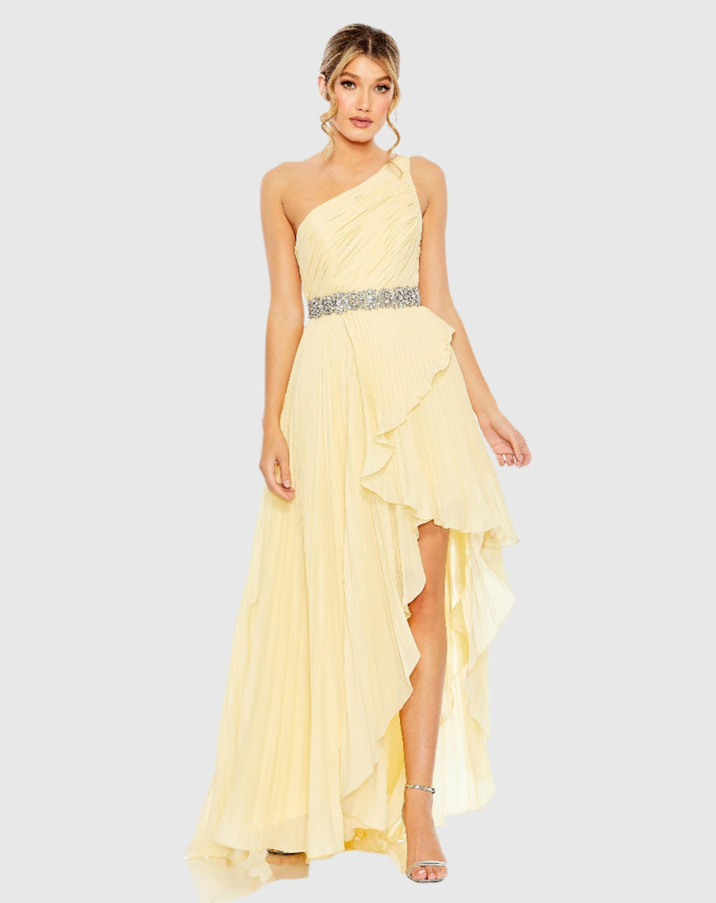 Mac Duggal Pleated One Shoulder Asymmetrical Ruffle Hem Gown #49532 Yellow 